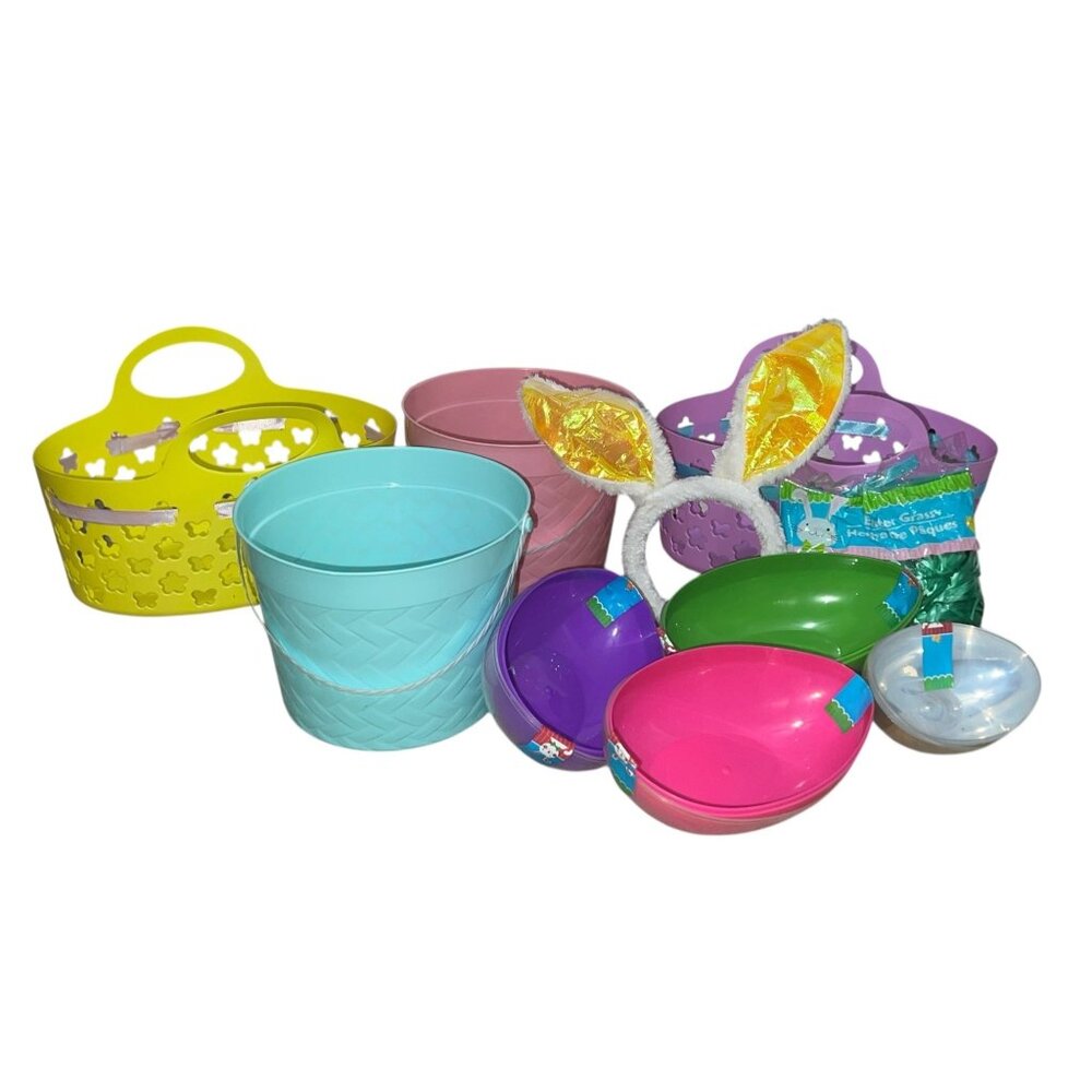 Easter Egg Hunt Kit W/ Baskets Plastic Eggs Bunny Ears & Green Easter Grass Fun
